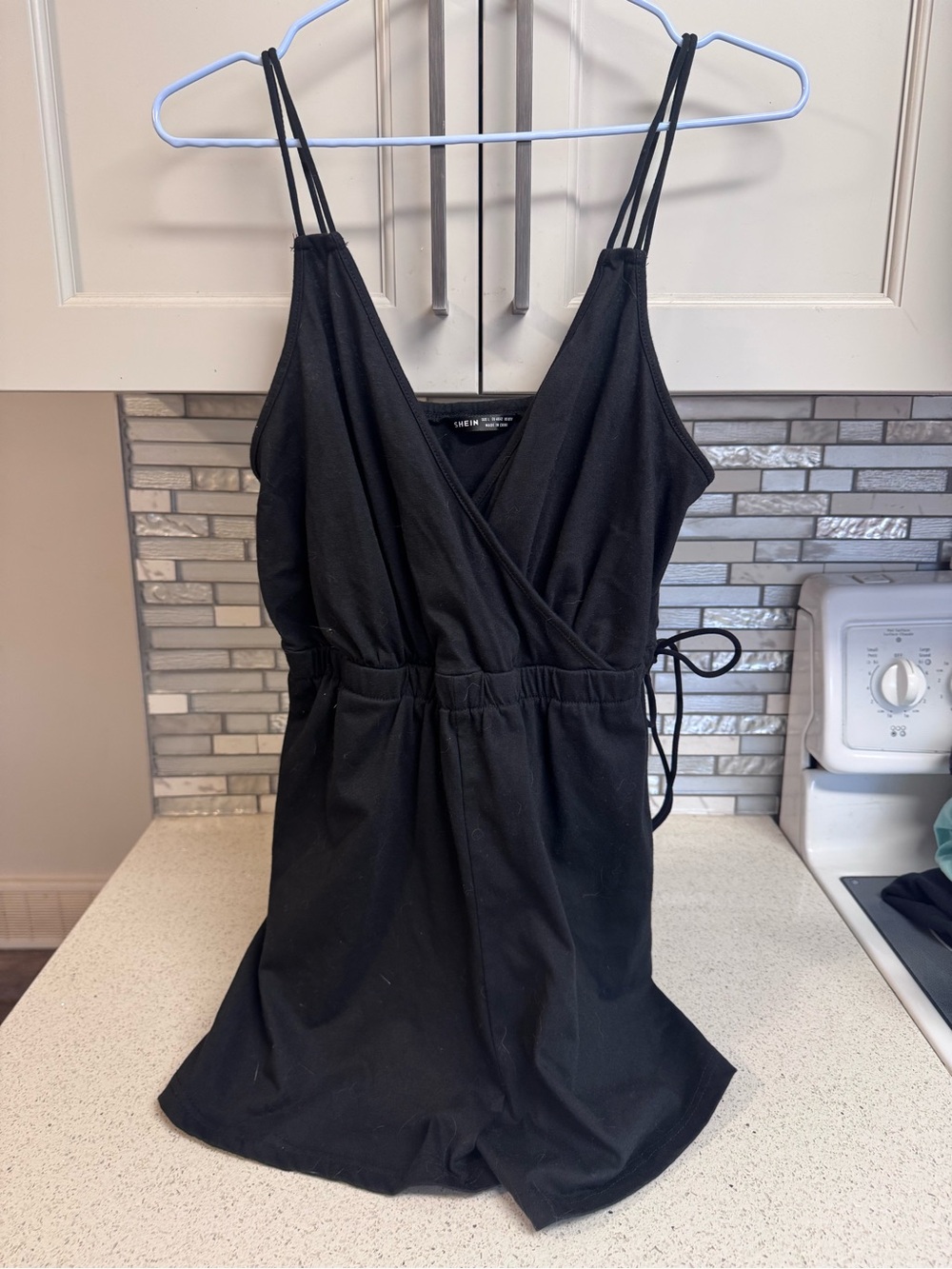 SHEIN Black Wrap-Front Spaghetti Strap Romper